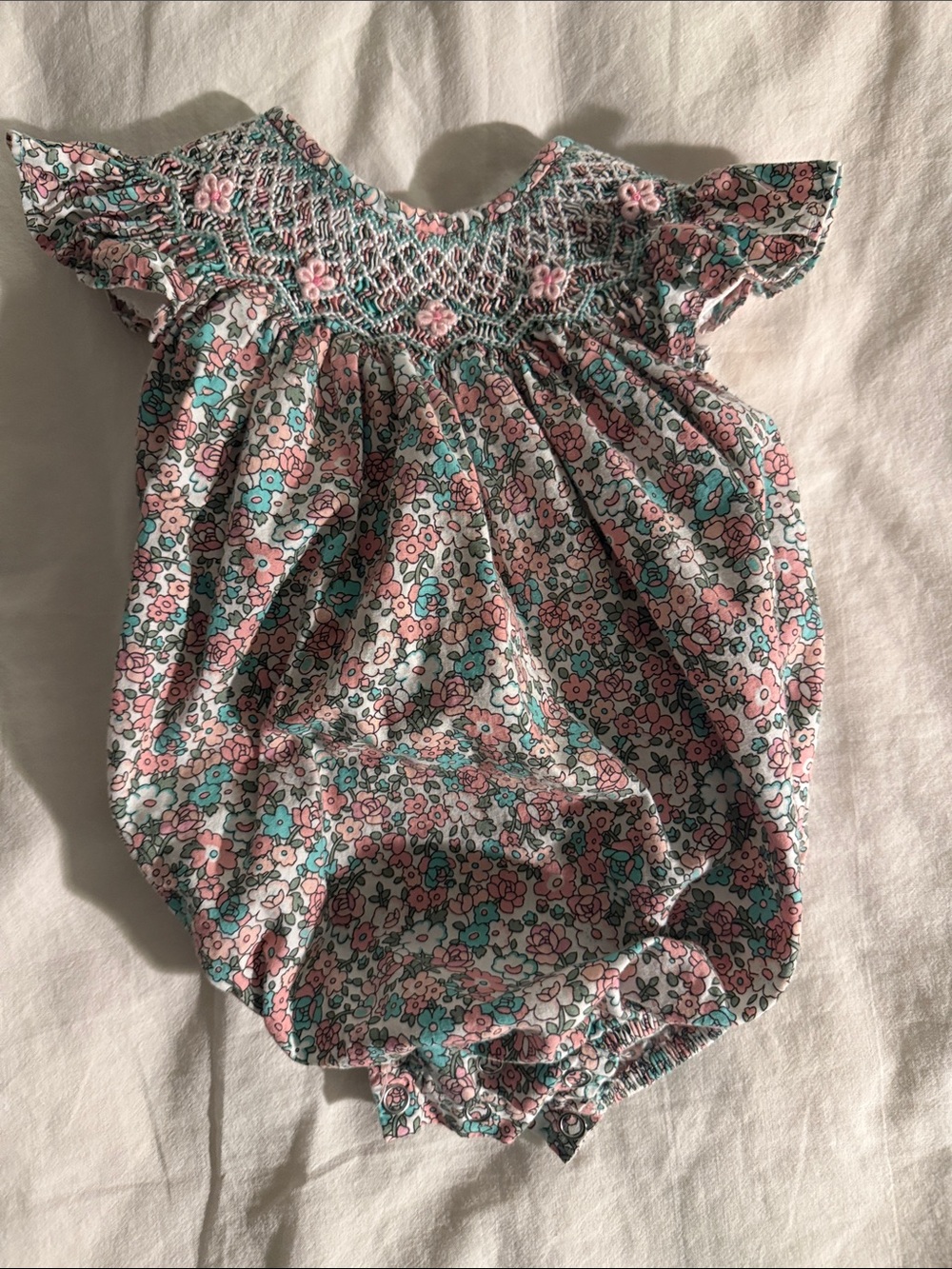 Smocked Floral Bubble Romper - Pink & Aqua